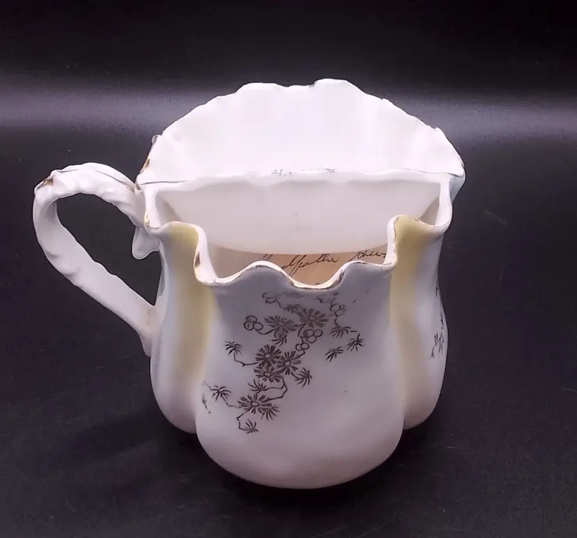 Hand painted mustache cup Antique Gold Accents bone china w note about history