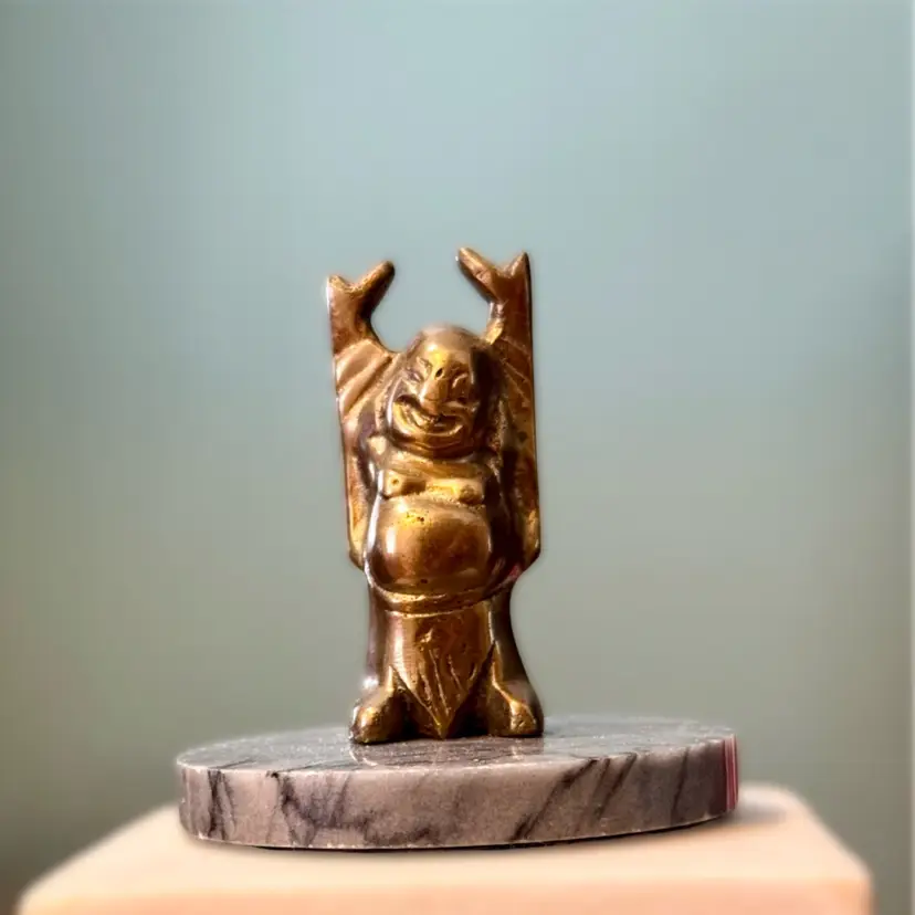 Vintage Solid Brass Laughing Buddha Figurine Marble Base
