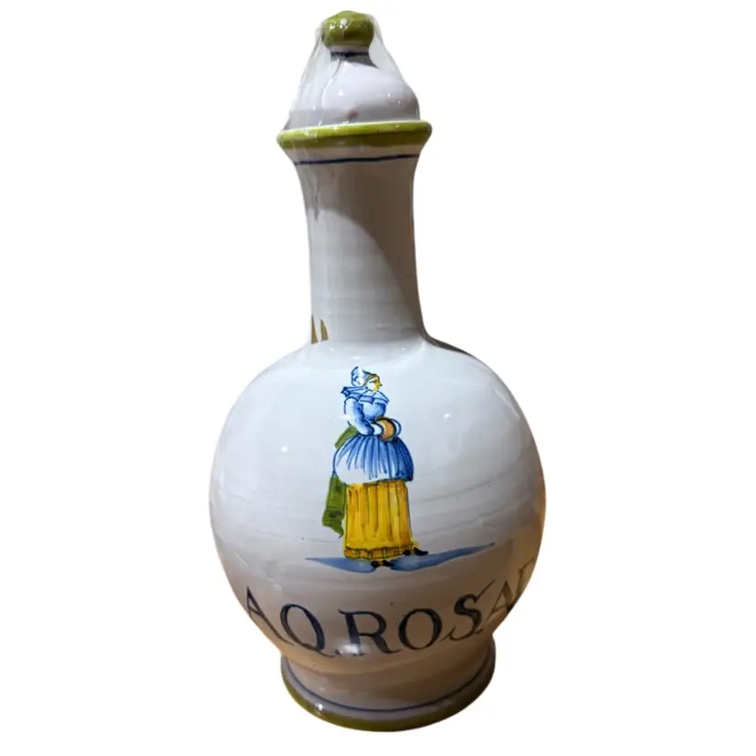 Tin Glazed collectible, vintage hand-painted pottery apothecary jar or bottle, likely originating from Italy or Holland