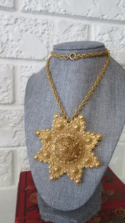 Vtg Adele Simpson book rare gold necklace ,statement, fragrance scent dispenser large signed