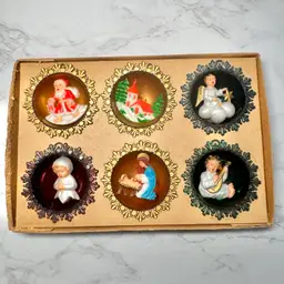 Vintage Plastic German Diorama Christmas Ornaments in Box - AS IS Needs Repair, Set of 6