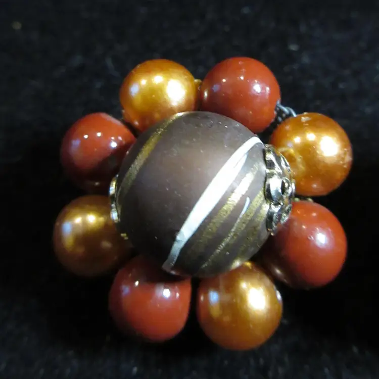 Vintage 1960s Brown and Copper Faux Pearl and Lucite Beaded Earrings with Silver Tone Metal made in Japan - 1 Inch Diameter, Clip On