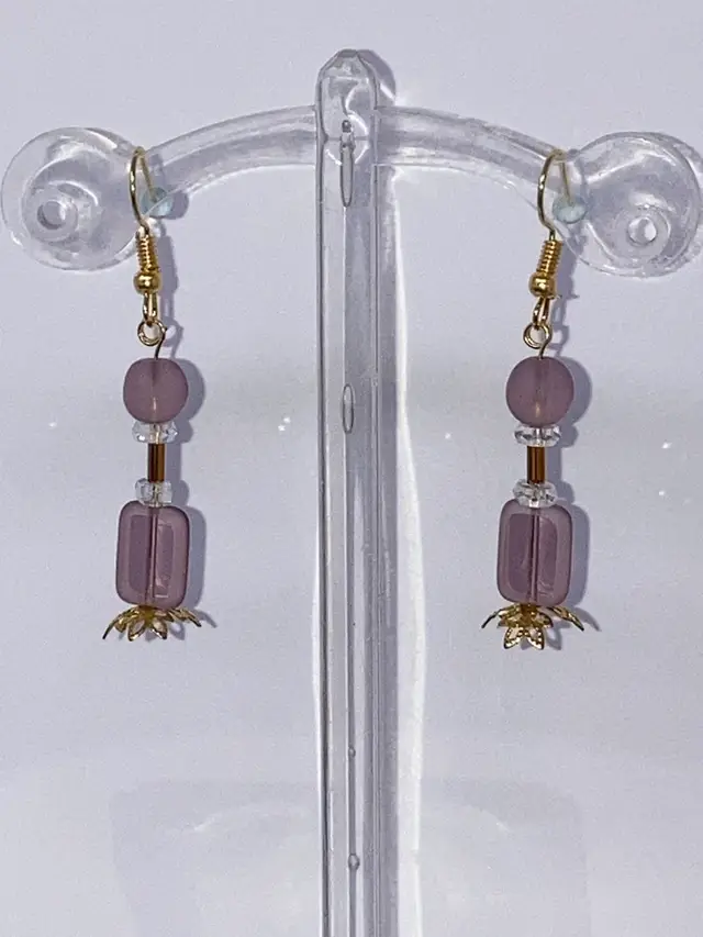 Purple Glass Beads 2” Drop Mini Perfume Bottle Earrings! Gold Tone Fish Hooks.  Made By Me! UV Reactive Glow!