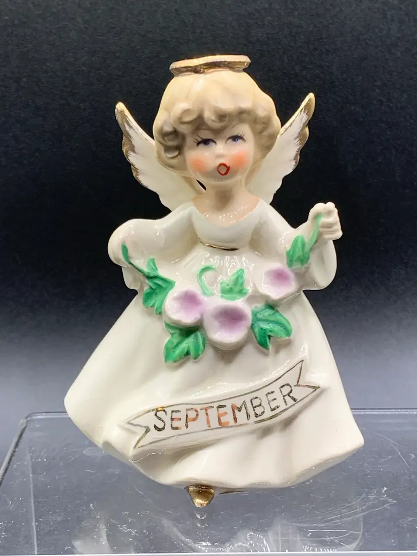 Enesco September Angel Birthday Girl Violets Hand Painted Japan Vintage 4”.