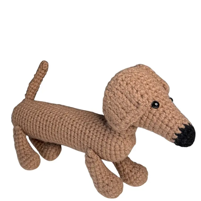 Crochet Dog Doxen Dachshund Brown
6” T x 9-1/2” L x  1-1/2” W