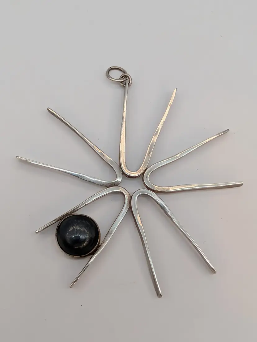 Artisan Made Mid Century Atomic Style Starburst Sterling Silver 925 Onyx Pendant
