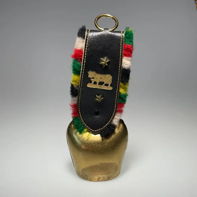 Treicheln Swiss Hand Forged Brass Cow Bell w/ Leather Strap Fringe Vintage 7"