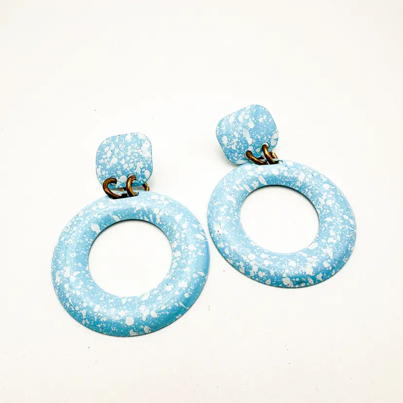 Vintage Earrings Circle Dangle Metal Light Blue Enamel with White Splatter 1.75" w x 2.25" L B25