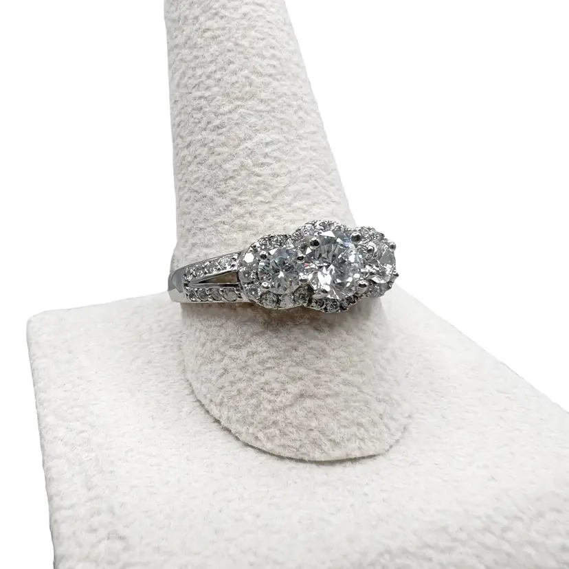 NWT Sterling Silver 3 Stone Cubic Zirconia Halo Engagement Ring