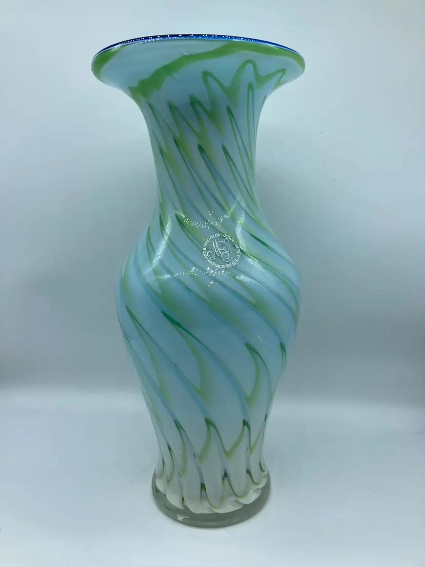 HAND BLOWN GLASS Blue/White/Green Pulled & Feathered VASE MARGIES GARDEN 12"X6"