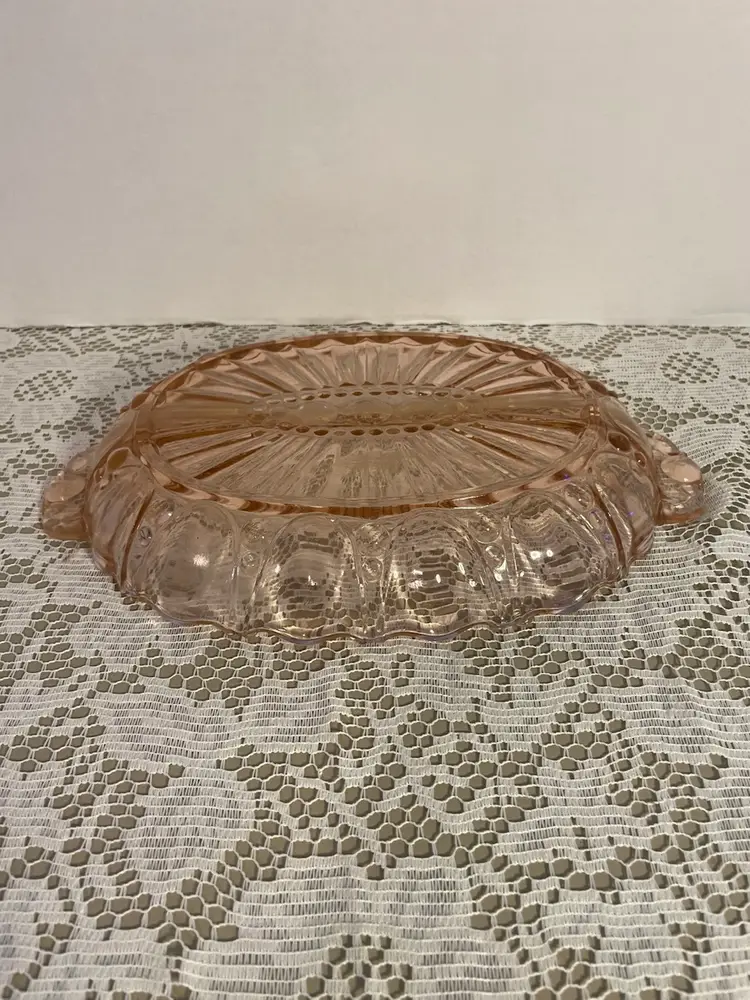 Vintage Pink Depression Glass Divided Scallop Relish Serving Dish 12 x 7.5"