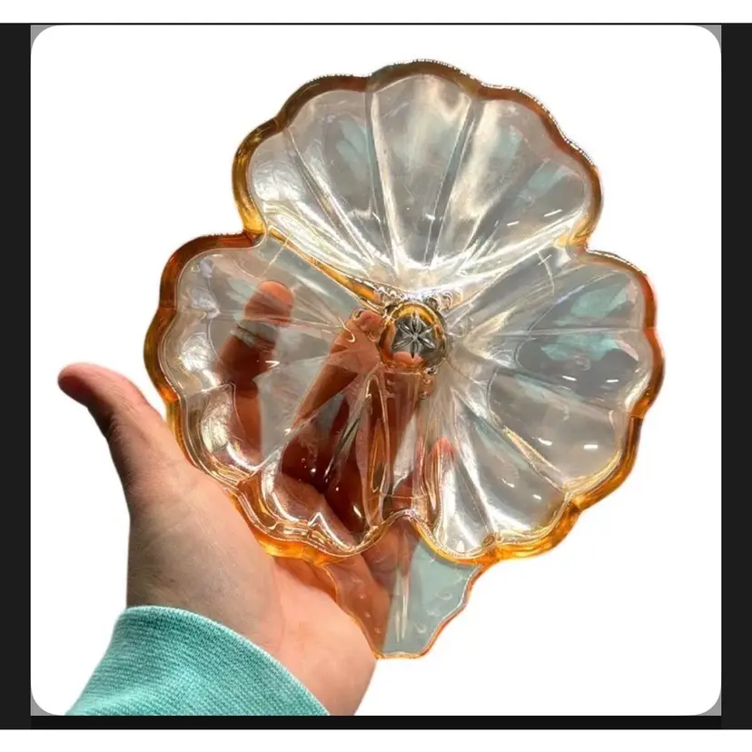 Vintage 1960's Jeannette Luster Glass Marigold Carnival Three Leaf Clover Dish