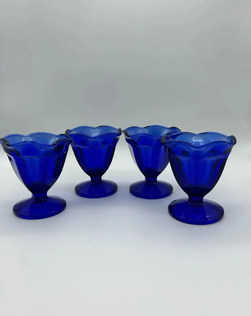 Vintage Anchor Hocking Blue Glass Dessert Compote Dish Cups ~ 4 7/8" Tall