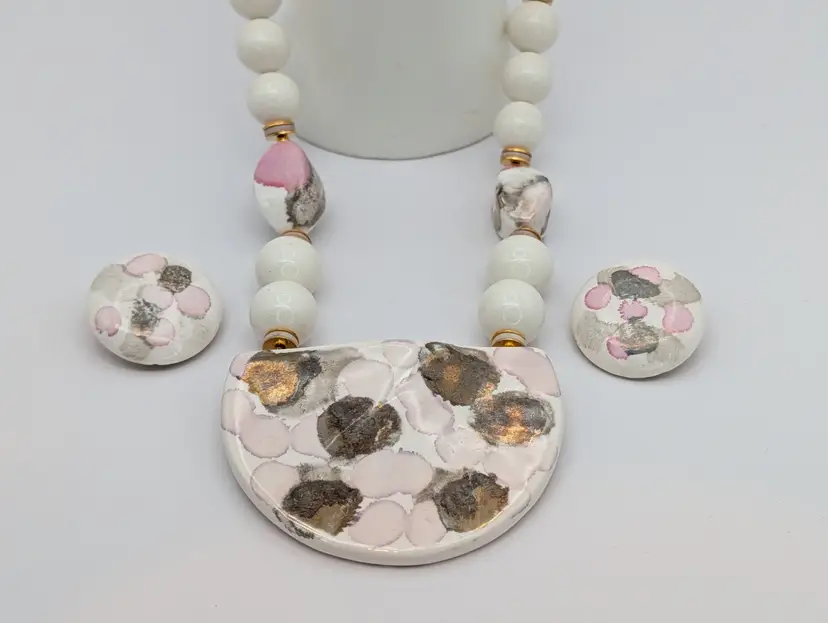 Vintage Abstract Hand Painted Ceramic Necklace And Earring Set Signed Japan