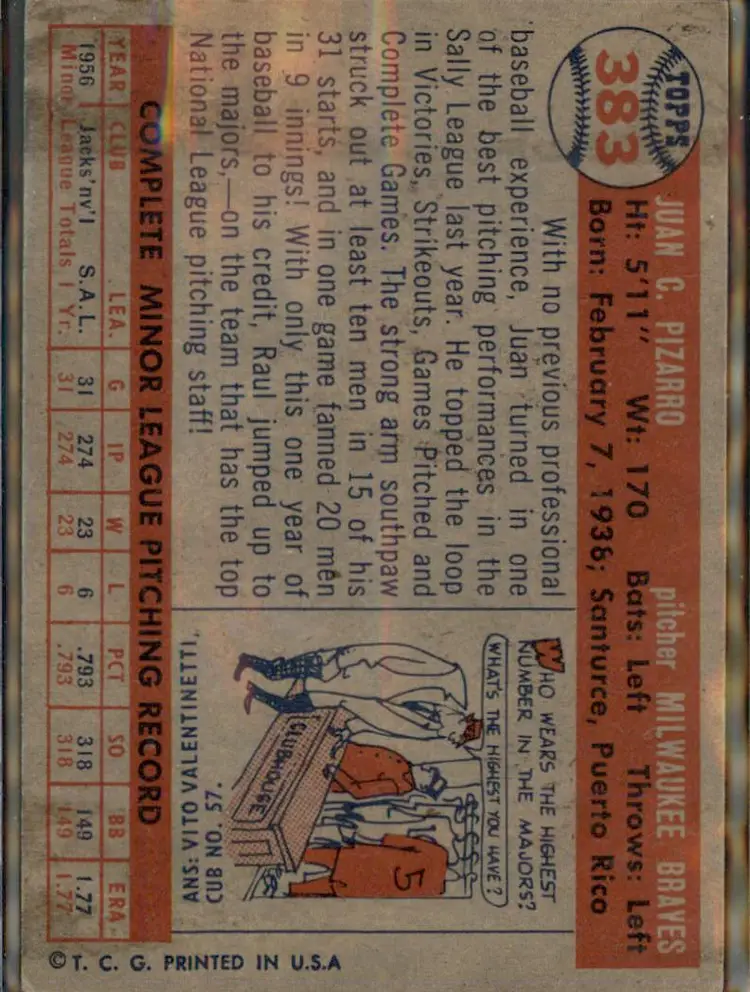 1957 Topps #383 Juan Pizarro - (pk1) - Milwaukee Braves