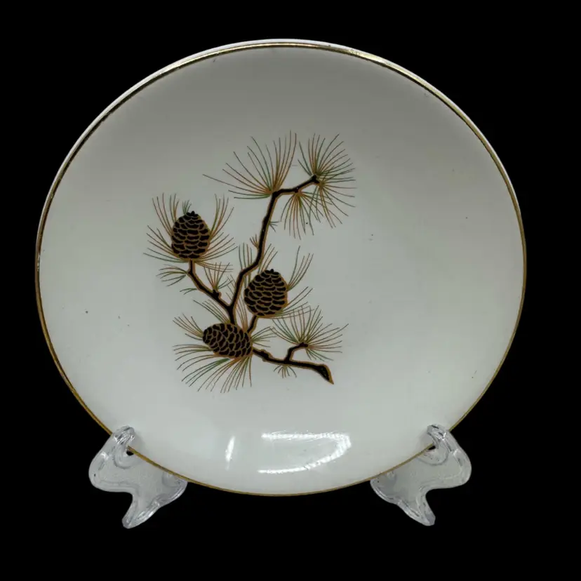 MCM Paden City Eden Roc pattern ceramic plate with pinecone decoration. 5.25”