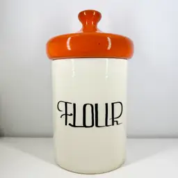60-70s.  Large Flour Canister by Holiday Designs w/tent Lid 13in x 7.75