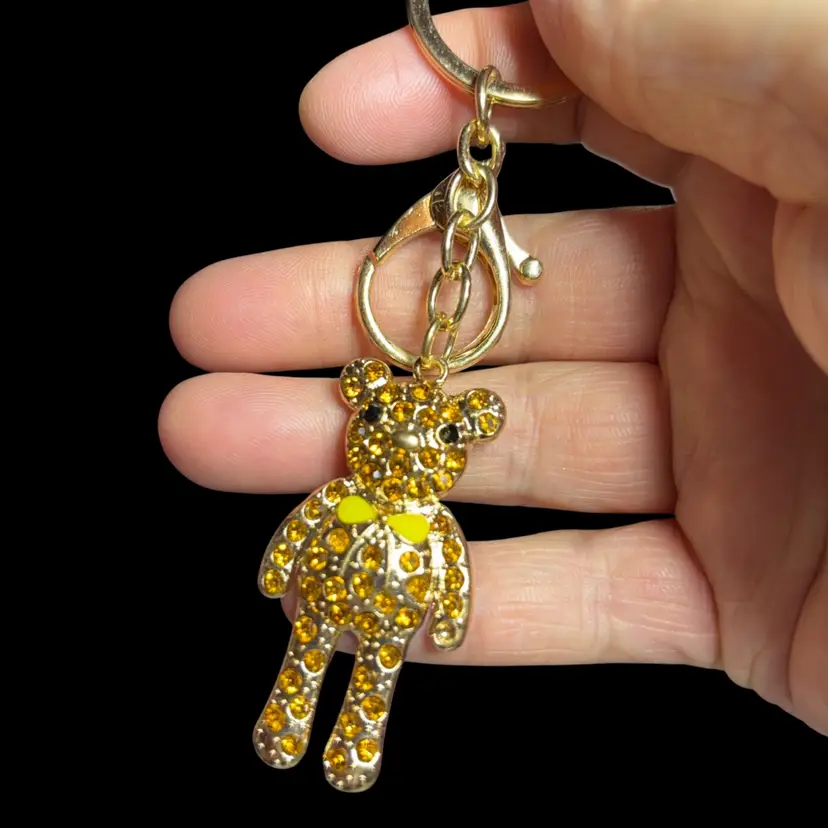 Gold Tone, Teddy Keychain With Yellow Bow Gemstones, Yellow, Color