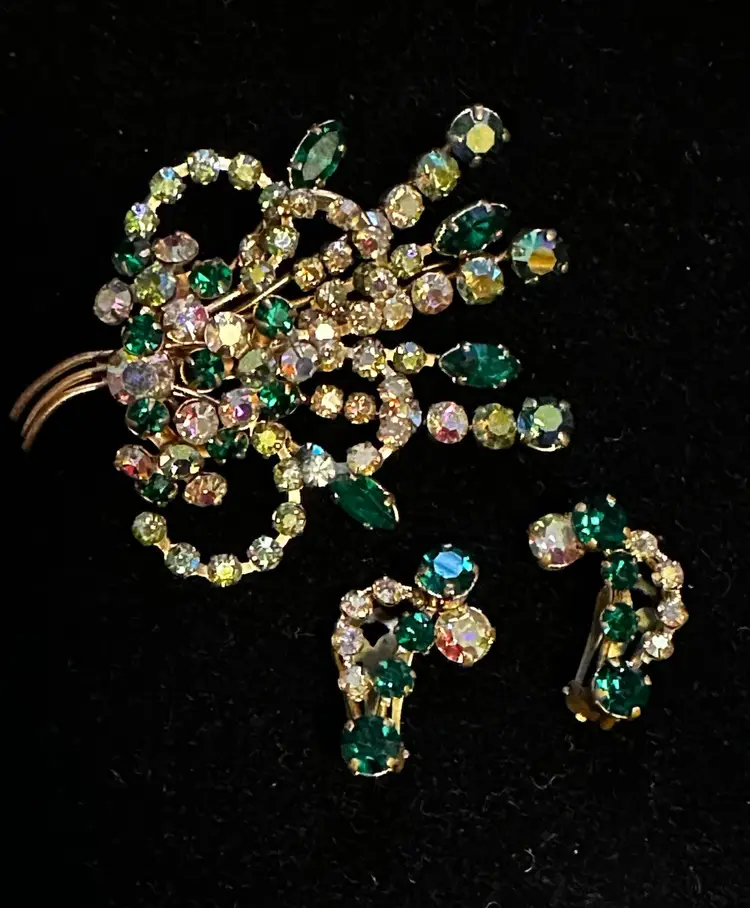 1940-50’s Austria Crystal Pin & Earrings Set Blue Green