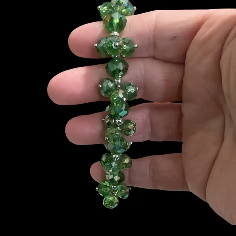 Gorgeous Green Faceted Glass Crystal Stretch Bracelet With Silverstone Round Bead Spacers.