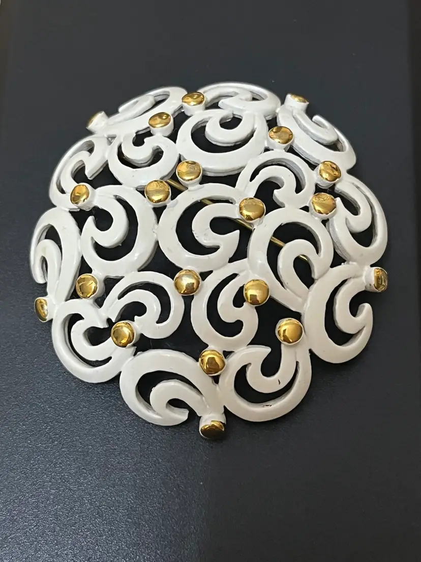 Vintage Monet White Swirl Domed Brooch Signed