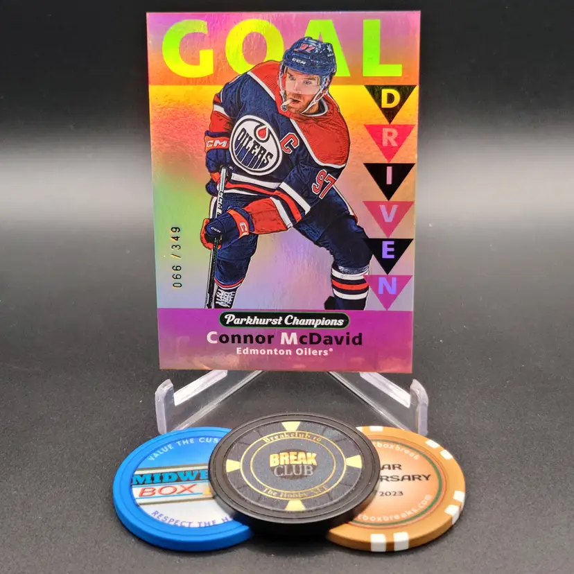 Connor McDavid 2023-24 Upper Deck Parkhurst Champions Hockey Goal Driven Insert Gold Parallel Numbered 66/349 - Card #GD-35 - Edmonton Oilers