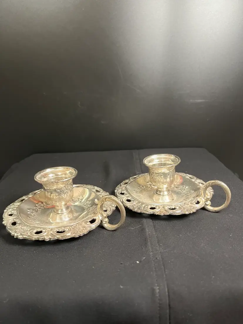 Pair of Silver Plated Candle Holders w/ Handles-Lot 53