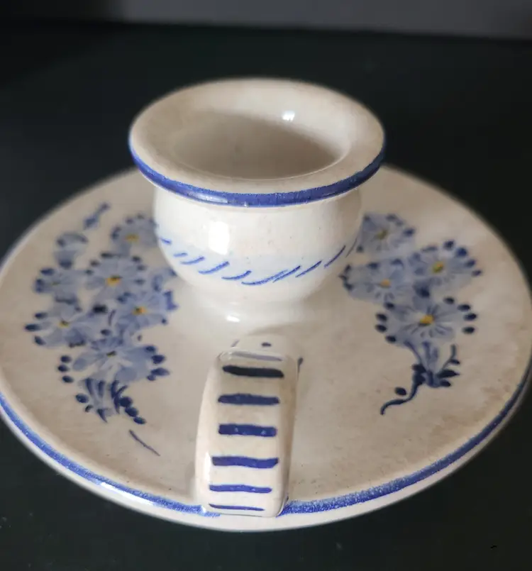 Blue & White Floral Hand Painted Delft Style Ceramic Chamberstick Candle Holder With Finger Loop