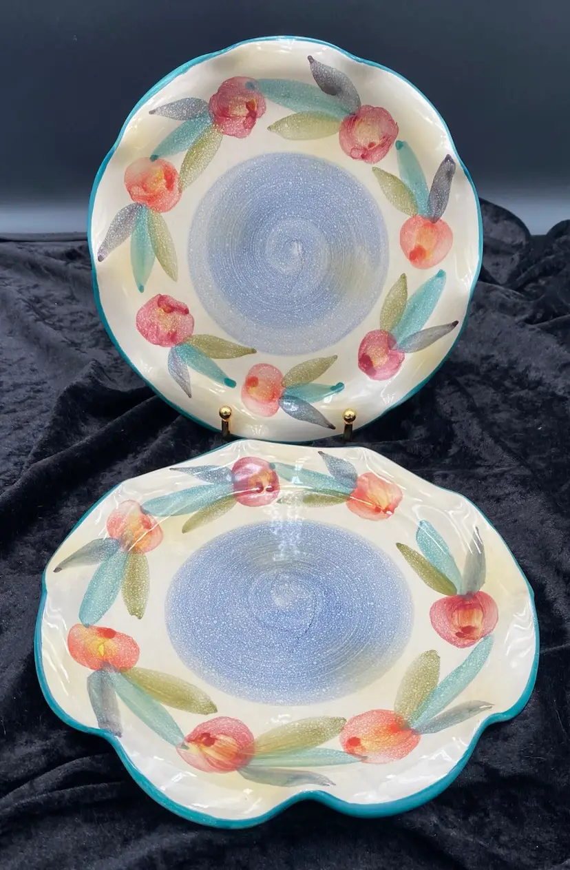 2 Italica Ars Pottery Plates, Hand Painted Fruit w/Blue Centers, Ruffled, 8.5"