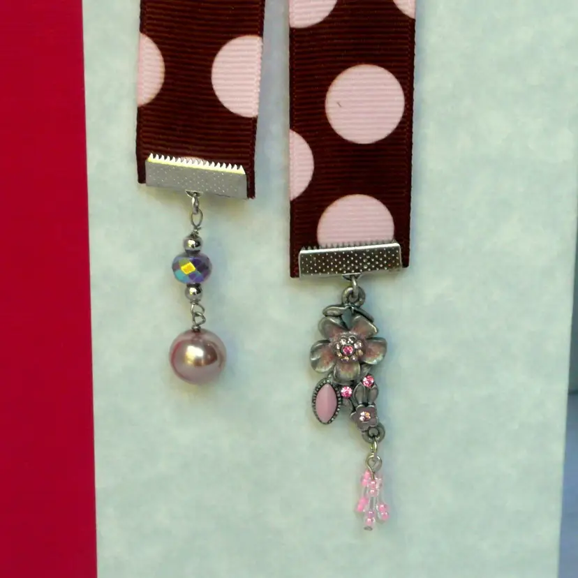 Brown Pink Polka Dot Ribbon Bookmark Flower, Pearl Bead Charms Repurposed Broken Orphan Jewelry 12.5"