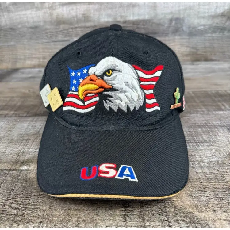 Vintage USA Hat Bald Eagle Cap With Pins Adjustable