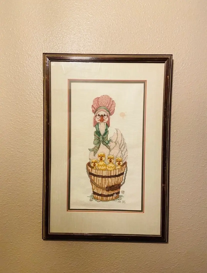 Vintage Mother Goose Finished Cross Stitch Wall Hanging Framed CottageCore Country Farmhouse Nursery
