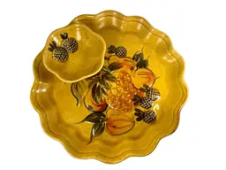Los Angeles California Pottery 1957 Attached Chip Dip Appetizer Tray Fruit Motif MCM