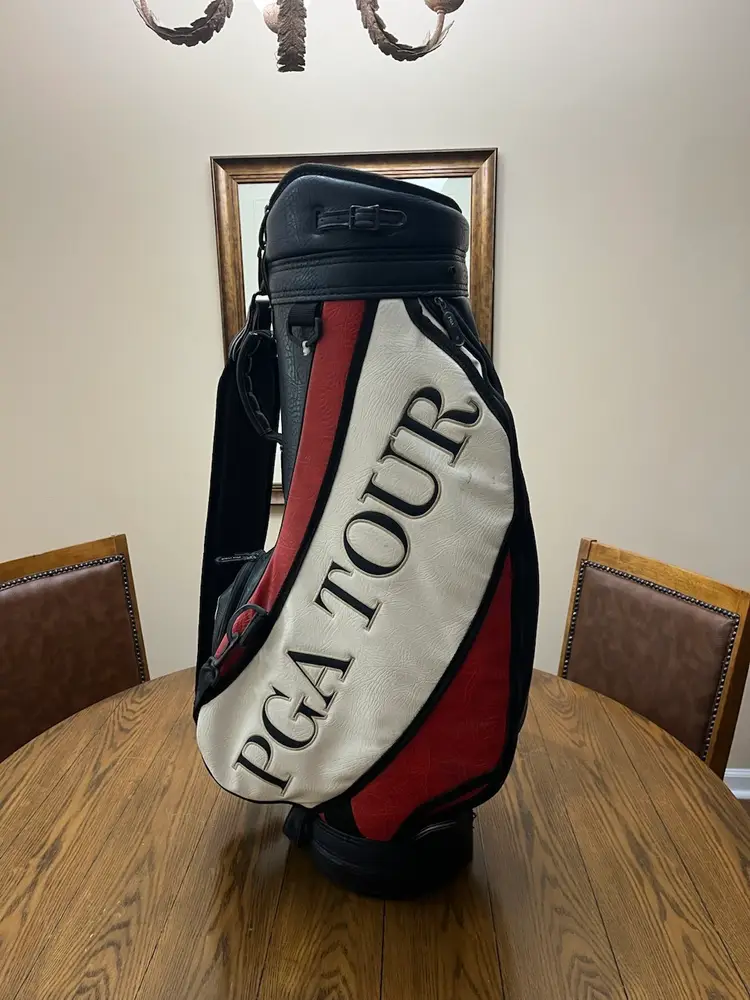 Rare Burton PGA Tour 6-Way Leather Golf Bag , Red White & Blue With Rain Hood
