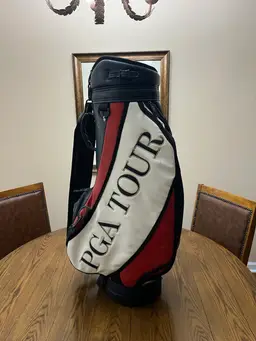 Rare Burton PGA Tour 6-Way Leather Golf Bag , Red White & Blue With Rain Hood