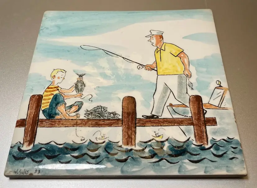 VTG Ceramic Tile Trivet Wall decor Signed Man and Boy on Fishing Dock.