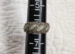 Vintage Artist Signed Sterling Silver Band with Marcasite and Jade, Size 6
