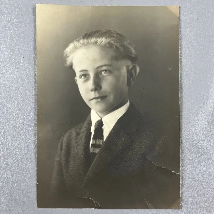 Vintage Identified Young Boy Studio Portrait Photo Suit Tie Blonde Blue Eyes Early 20th Century Dapper Teen