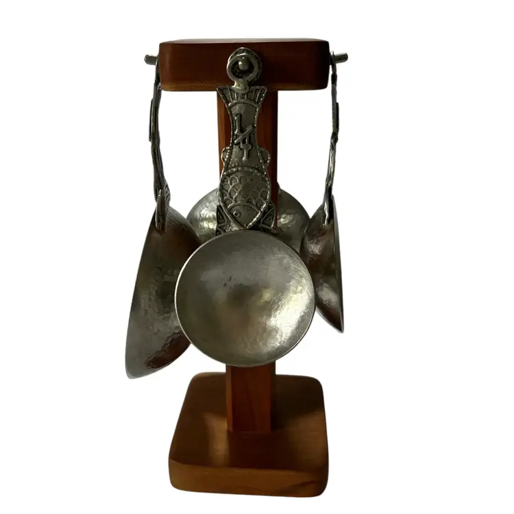 Crosby and Taylor Silver Pewter Fish Measuring Spoons on Wood Mount