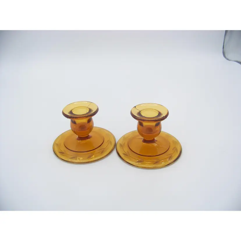 Amber Glass Candleholders Etched leaf design on base Set of 2