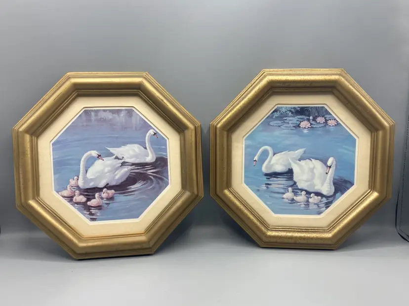 Vintage Swan Artwork Gold Octagon Frames MCM Homco - set of 2