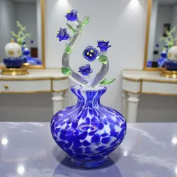 Royal Limited Blue Spatter Glass Perfume Bottle with Floral Stopper Made in Taiwan ROC 6 1/4” Tall