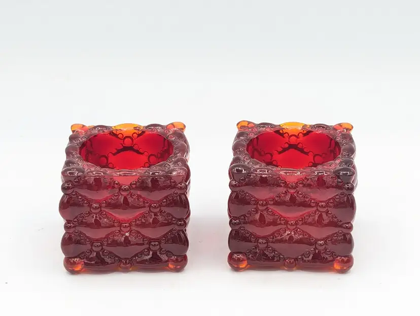 Pair Of Fenton Amberina Beaded Quilt Glass Tealight/Votive Candle Holder Glows