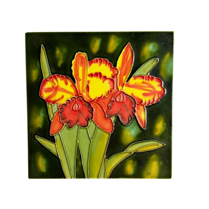 Ceramic Tile Wall/Shelf Art Vibrant Yellow and Orange Cattleya Orchids against a dark green Background Built In Stand For Shelf or Hole For Hanging
6 x 6
6x6