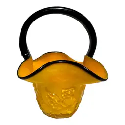 Tango Cased Art Glass Orange Black Basket Embossed Floral Design 7 inch