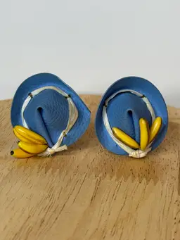 Vintage Western Germany Earrings Clip On Hat Bananas Fruit