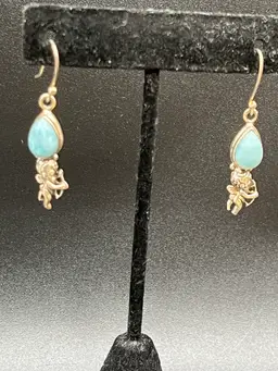 Pair Of Marked 925 Silver & Larimar Cherub/Cupid Silver Tone Metal Dangle Drop Earrings 1.75”