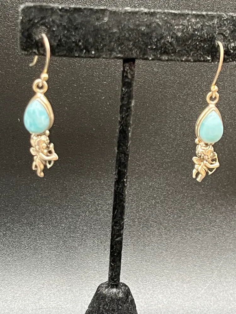 Pair Of Marked 925 Silver & Larimar Cherub/Cupid Silver Tone Metal Dangle Drop Earrings 1.75”