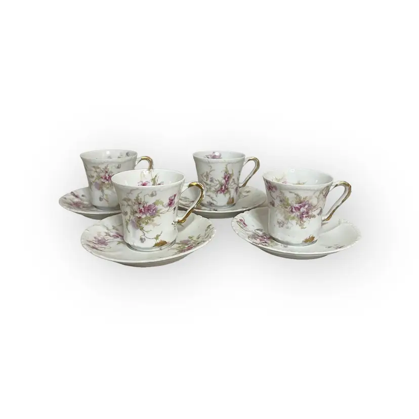 Antique Haviland Limoges Cocoa Cup and Saucers. Pink Purple Rose Flowers. Early 1900s. Hand Painted France. 4 Cups | 5 Saucers. Set 2