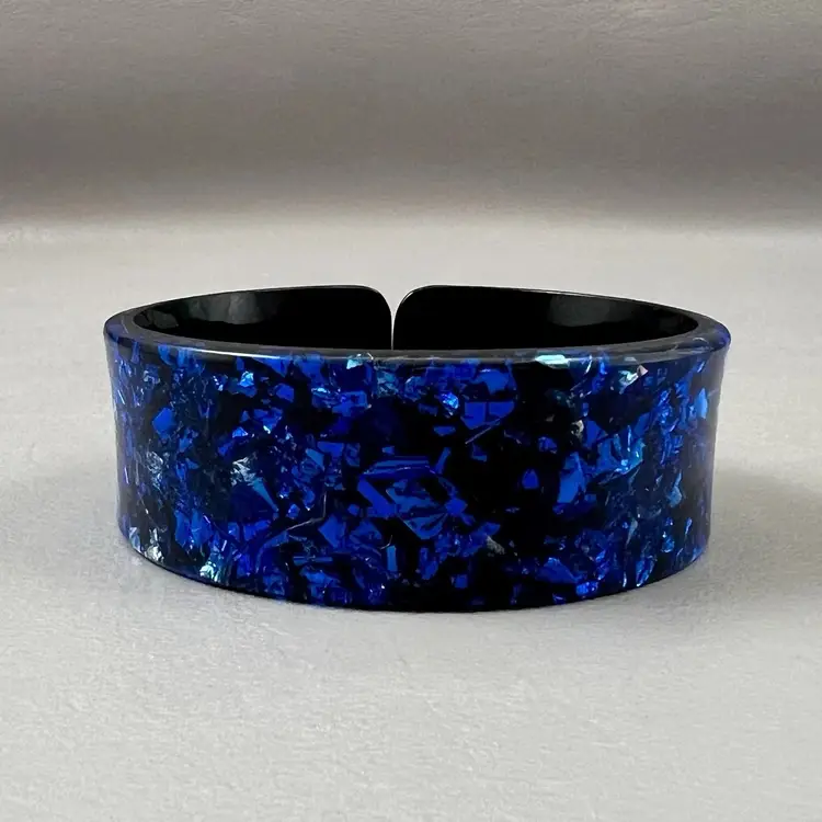 Retro Blue Bangle Bracelet 2.5" Plastic Glitter 1" Wide